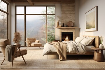 Zen organic calm japandi mid century modern minimal bedroom interior with wood designer furniture and art and white soft bedding