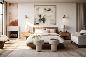 Fototapeta na wymiar Zen organic calm japandi mid century modern minimal bedroom interior with wood designer furniture and art and white soft bedding