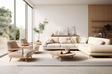 Japandi Zen Modern White Living Room Interior with Wood Accent Wall and Floating Shelves. Linen Sofa and Double Lounge Chairs Next to Modern Windows