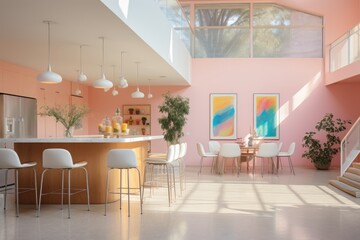 Fototapeta premium Colorful playful pastel pink and blue kitchen interior with organic wood and marble countertops minimal modern art suite loft with island and natural sunny light