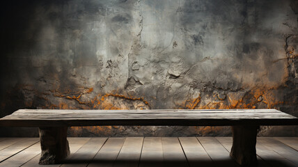 Close-up of a front view of a table constructed from weathered concrete, intended for product placement, with a dark, blurry concrete background.
