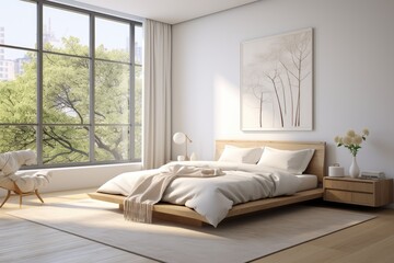 Eco Friendly Sustainable Modern Apartment Bedroom Interior with Comfortable White Bedding and Floating Wood Bed Frame with City Nature Views