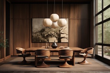 Moody Mid Century Contemporary Dining Room Interior with Organic Wood Dining Table Set with Chairs and Wood Accent Wall