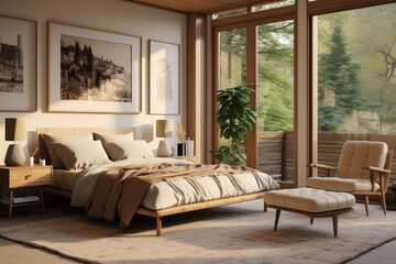 Cozy Comfort Light Beige Modern Bedroom Interior with Wall Art and Nature Views Outside Modern Windows