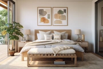Fototapeta na wymiar Green Living Modern Primary Bedroom Interior with Modern Bed Frame and Indoor Plant with Styled Night Tables