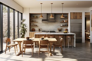 Eco-Friendly Modern Minimal Kitchen Interior with White Waterfall Island and Wood Accent Paneling and Dining Area