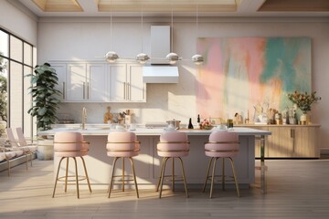 Eco-Friendly Modern Pastel Pink Kitchen Interior with Cute Counter Bar Stools with Retro Design