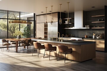 Nordic Comfort Black and Sustainable Wood Kitchen Island with Organic Dining Area and Styled Shelves with Decor