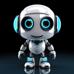 Portrait of white blue cyborg robot humanoid on dark background.