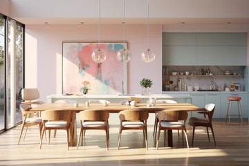 Enchanting Charm Kitchen Pastel Interior with Sustainable Wood Dining Table Area with Glass Pendant Lights and Blue Cabinets