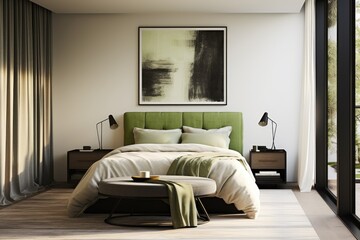 Hotel Bedroom Interior with Staged Design and Green Bed Headboard and Throw Pillows with Black Table Lamps