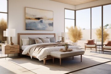 Clean Primary Bedroom with Staged Bedding and Blue Abstract Wall Art and Soft Bench and Large Windows