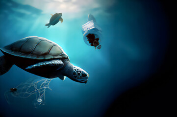 Fototapeta premium Plastic Pollution Threatens Marine Life and Ecosystems · Sustainability & Preservation of Natural Habitats