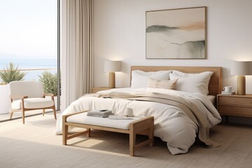 Coastal White Clean Bedroom Interior with Sustainable Wood Night Stands and Table Lamps. Open Window Views with Balcony and Light Filtering Curtains