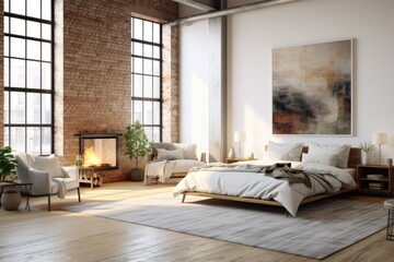 Fototapeta na wymiar Exposed Brick Wall Bedroom Interior with Fireplace and White Bedding. Hardwood Floors with Area Rug and Wall Art