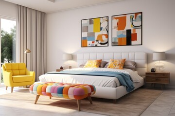 Fun Chic Colorful Primary Bedroom Interior with Abstract Wall Art and Quilted Patch Design Bench and Yellow Accent Chair
