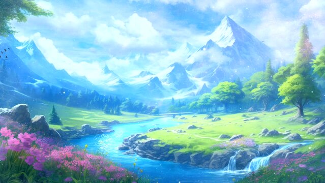 Best Video Footage Beautiful nature landscape with lake, river, mountain blue sky, tree, and flowers. Video animation anime cartoon scene background for film, template	