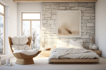 Stone Accent Wall with Wood Frame Queen Bed and Comfy Accent Chair with Wood Base