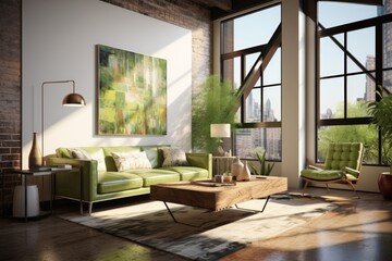Modern Design in Stylish Industrial Apartment with Grey Sofa Couch and Abstract Wall Art and City Views