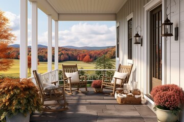 Family Friendly Southern Front Porch in Fall with Rocking Chairs and Rustic Door. Mountain Valley Views and Field - obrazy, fototapety, plakaty