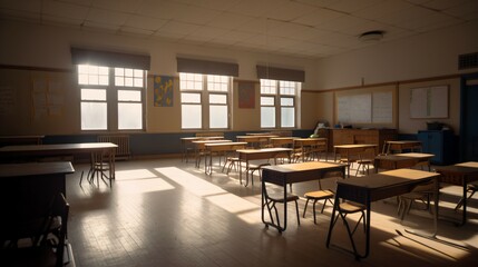 Fototapeta na wymiar Empty Classroom in Bright Light.
