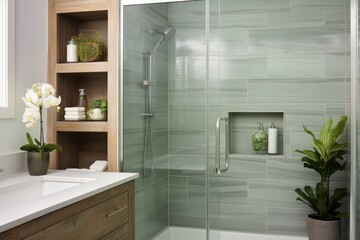Fototapeta na wymiar Styled Luxury Bathroom Glass Shower Interior with Orchid on Counter and Styled Built in Wood Shelf
