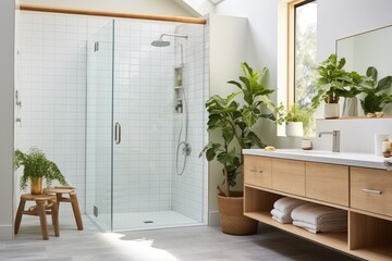Organic Modern Clean Bathroom Interior with Glass Shower and Indoor Plants. Wooden Vanity with White Countertops and Towels Styled in Shelf