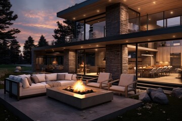 Fototapeta premium Mountain Luxury Exterior of Residential Home with Modern Outdoor Firepit in Fall