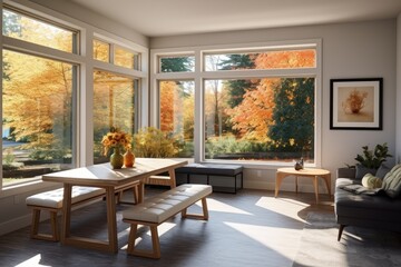 Residential Fall Modern Dining Room Interior with White and Wood Accent and Fall Tree Views