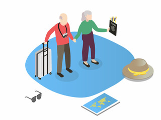 Senior couple with travel passport and luggage for traveling