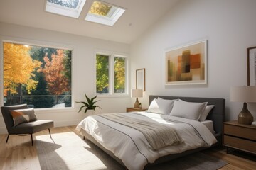 Fall Primary Bedroom Apartment Interior with Vase Table Lamp and Fall Views