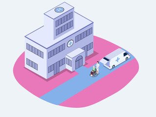 Hospital building with ambulance car and patient, isometric illustration design