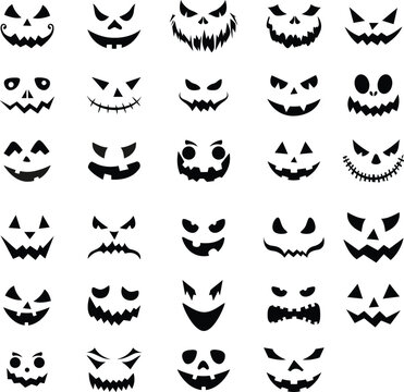 Set of Jack O Lantern pumpkin face. Collection of Halloween pumpkins carved faces silhouettes. Black and white images. Scary and funny faces of Halloween pumpkin or ghost . Vector collection.