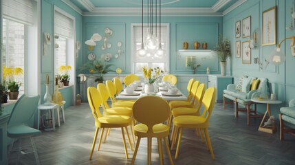 Fototapeta na wymiar Dining Room A Cute and Fashionable Space with Pastel and Light Blue-Yallow Color Palette.