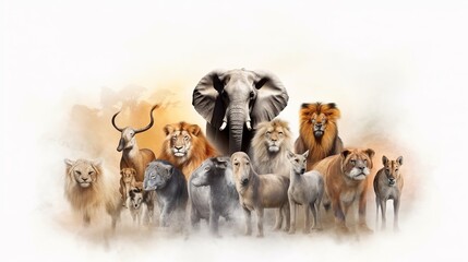 Group of animals, isolated background, Animal conservation concept, Generative ai