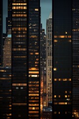 Facades of dark skyscrapers in the late evening. AI Generation 