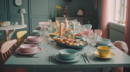 Fototapeta na wymiar Colorful Dining Table of Interior Featuring a Stylish Table with Multicolored and Bright Accents.