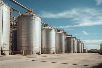 Obraz premium Large Storage Tanks and Silos Standing Tall, Safeguarding Precious Raw Materials within an Industrial Facility