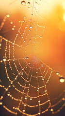 Macro Water Droplets Glistening on a Spider Web, Backlit by the Warm Sunset Glow – A Captivating Shot Perfect for a Mobile Wallpaper Background
