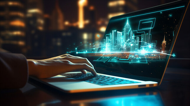 The hands of a man type on a laptop keyboard, while a hologram of a 3d virtual city projects from the screen. The photo shows the contrast between reality and technology, and the creativity of digital