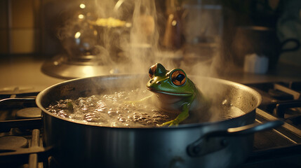 A calm frog boiling in a heat pot. The image is a metaphor for the inability of people to react to significant changes that occur gradually. © Domingo
