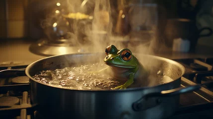 Foto op Canvas A calm frog boiling in a heat pot. The image is a metaphor for the inability of people to react to significant changes that occur gradually. © Domingo