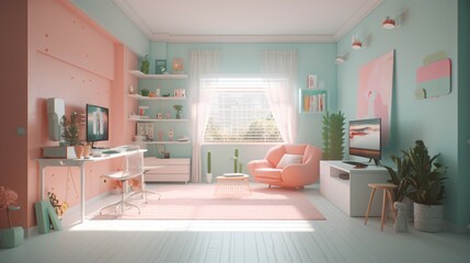  Gaming Room with Pastel and Multicolored, Bright Accents A Cute and Fashionable Space for Gaming Enthusiasts.