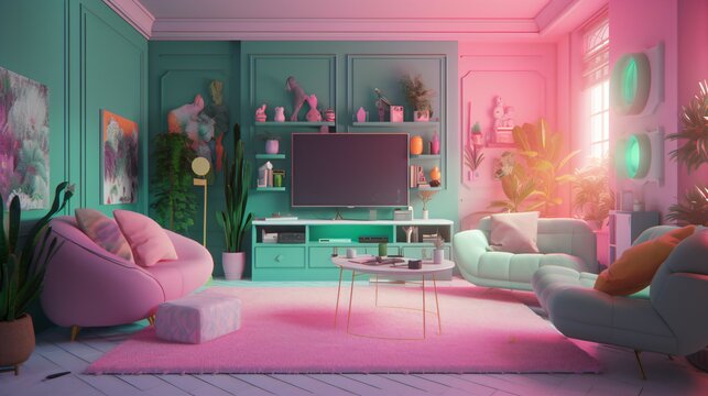  Gaming Room with Pastel and Multicolored, Bright Accents A Cute and Fashionable Space for Gaming Enthusiasts.