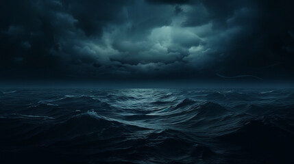 Storm with dark clouds at night over the water of the ocean with waves. Epic historical scenario...