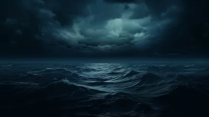 Foto op Plexiglas Storm with dark clouds at night over the water of the ocean with waves. Epic historical scenario for a maritime wallpaper. Landscape for brave sea adventures. © Domingo