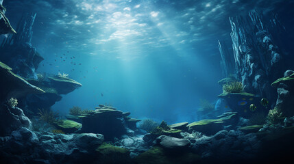 Fototapeta na wymiar An underwater scene with marine fauna and flora, a clear blue water, and the surface seen from below where beams of sunlight filter. A beautiful blank sea landscape for the background of a wallpaper