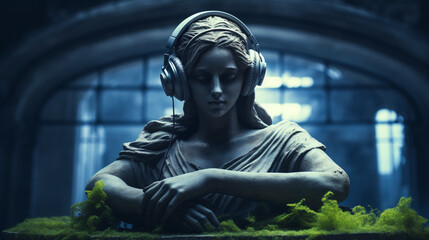 A marble statue of a classical DJ girl, wearing headphones and playing music on a mossy surface. A creative and original image that combines ancient art and modern technology.  - obrazy, fototapety, plakaty