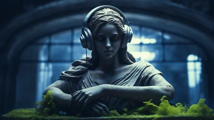 Fotobehang A marble statue of a classical DJ girl, wearing headphones and playing music on a mossy surface. A creative and original image that combines ancient art and modern technology.  © Domingo