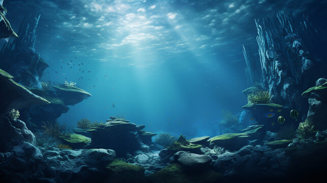 An underwater scene with marine fauna and flora, a clear blue water, and the surface seen from below where beams of sunlight filter. A beautiful blank sea landscape for the background of a wallpaper
